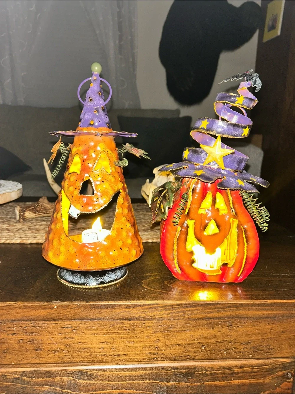 Vtg whimsical metal jack-o'-lantern’s tea light lanterns, Witch And Pumpkin